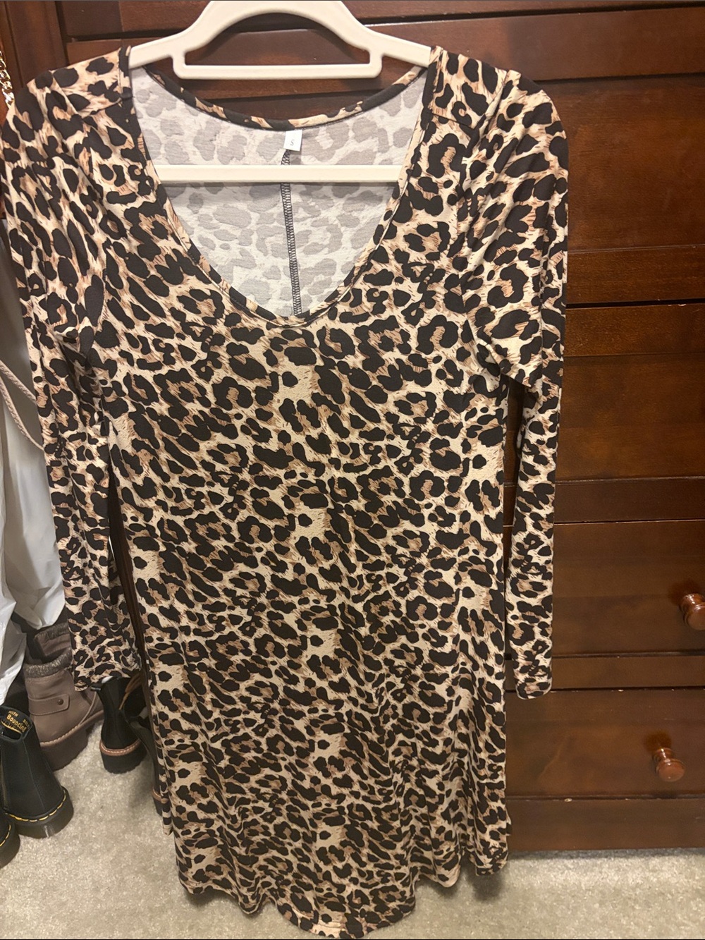 Leopard Print V-Neck Long Sleeve Women's Dress - Brown